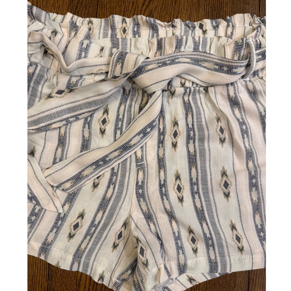 Rewash Tribal Print Paperbag Waist Shorts XL Cream Blue Rayon Boho Tie Belt - Picture 2 of 8